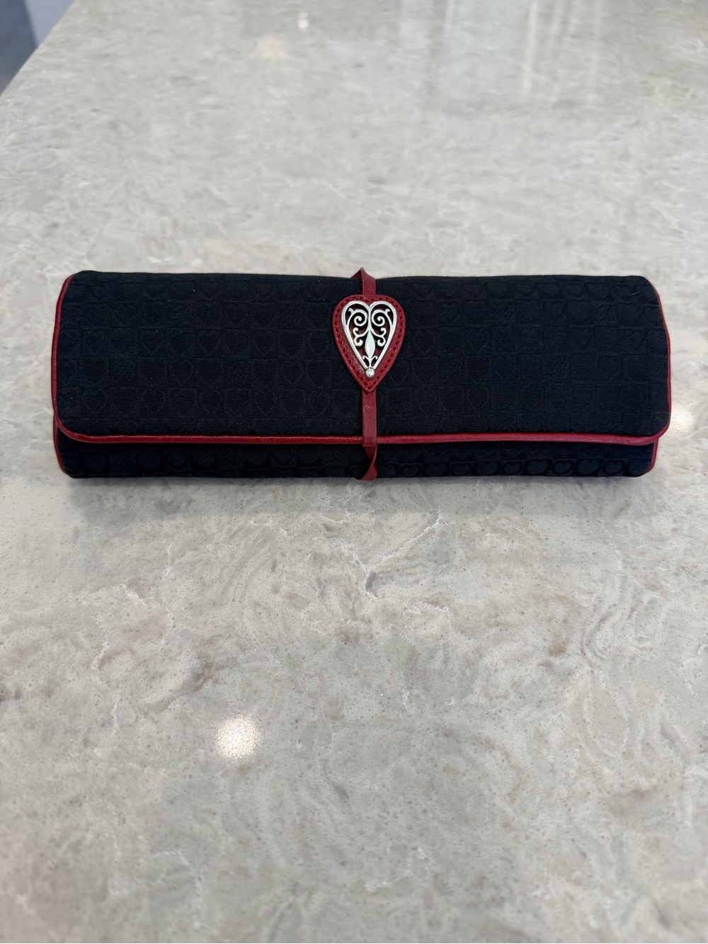 Brighton black jacquard red leather trim travel jewelry roll organizer
